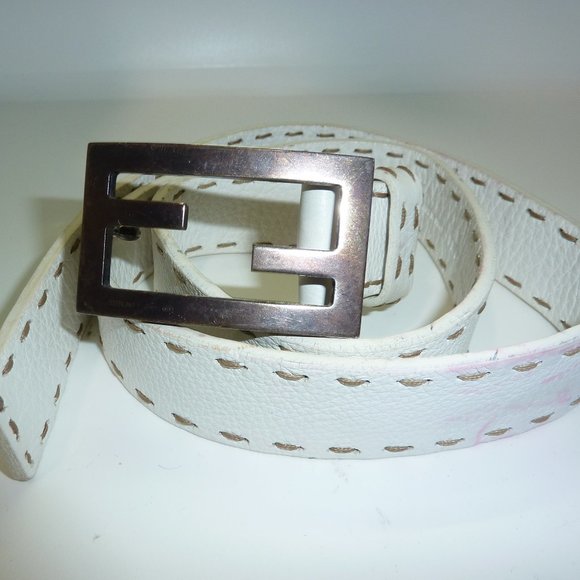 Authentic Fendi WHITE Belt with contrasting brown stitching detail. ITALY